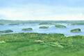 Watercolor painting of Bar Harbor, Maine and islands from Cadillac Mountain.