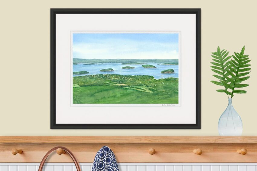 Watercolor painting of Bar Harbor, Maine and islands from Cadillac Mountain.