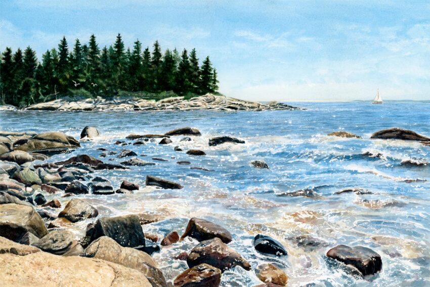 Deer Isle, Maine watercolor painting of rocky island shore and crashing ocean surf.