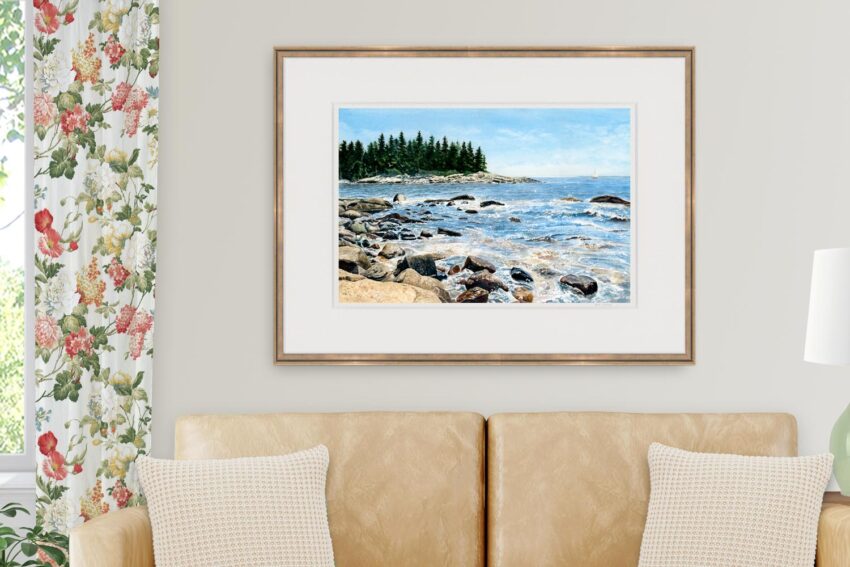 Deer Isle, Maine watercolor painting of rocky island shore and crashing ocean surf. Shown in living room.