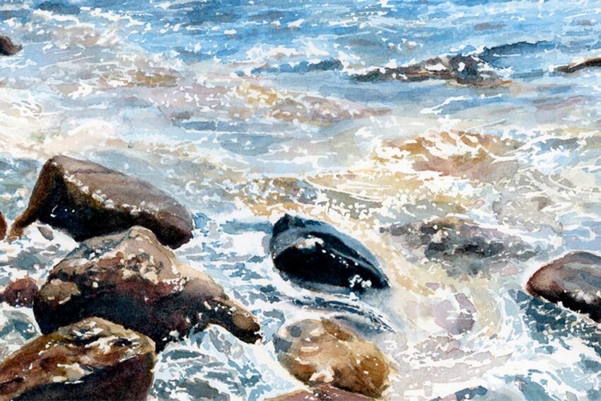 Detail of Maine watercolor painting of a rocky shore and ocean surf with island