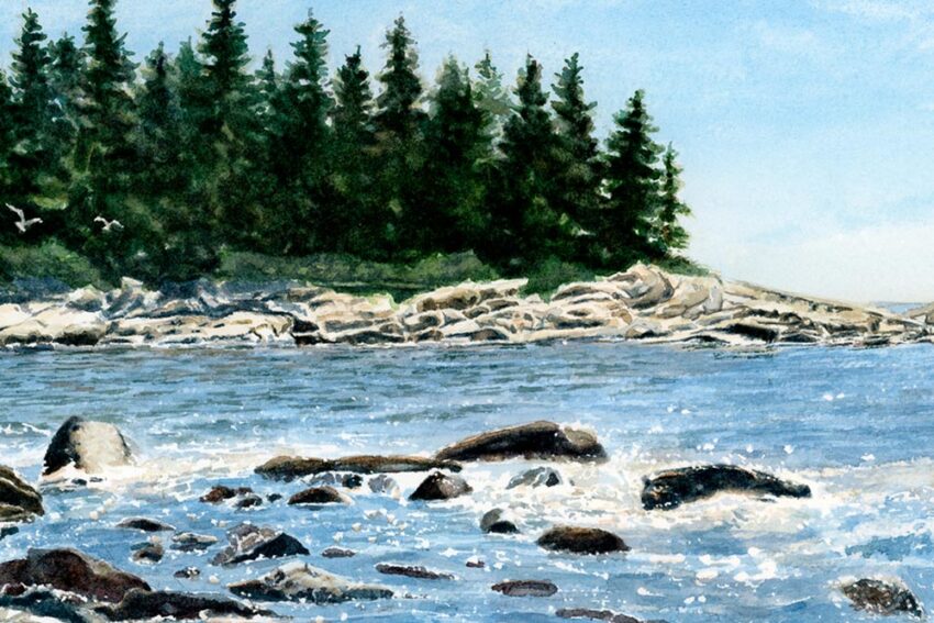 Deer Isle, Maine watercolor painting of rocky island shore and crashing ocean surf.