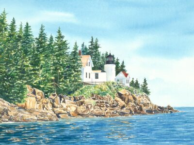 Watercolor painting of Bass Harbor lighthouse in Maine showing calm ocean, rocky cliff, and pine trees