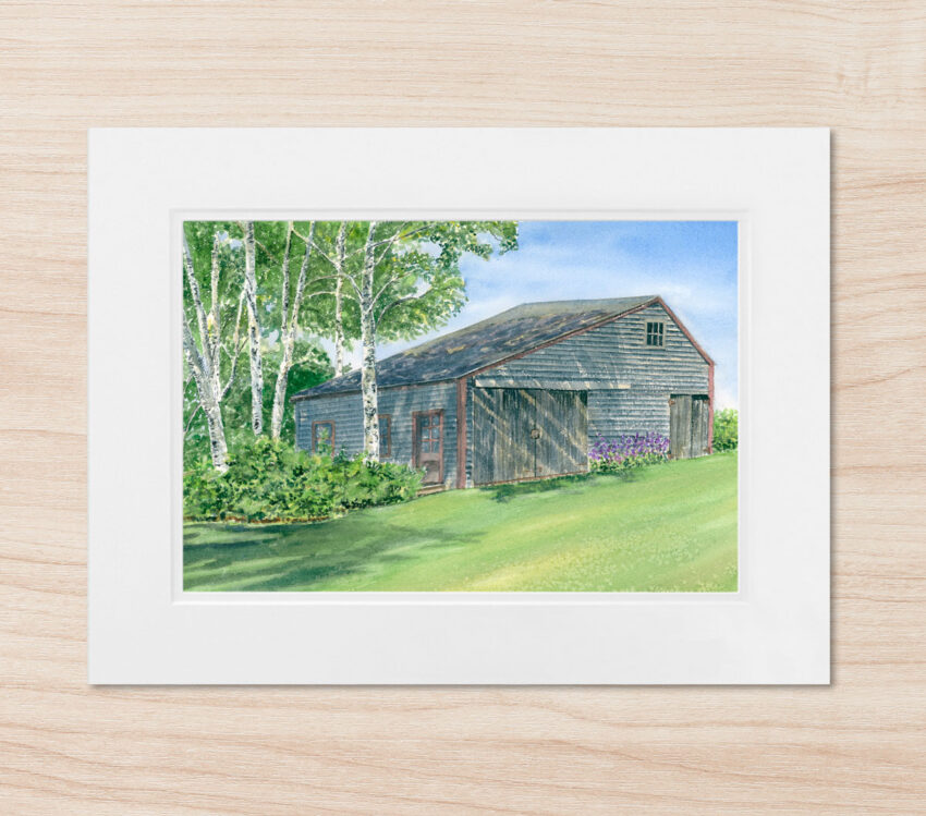 Watercolor barn painting showing white birch trees and green lawn