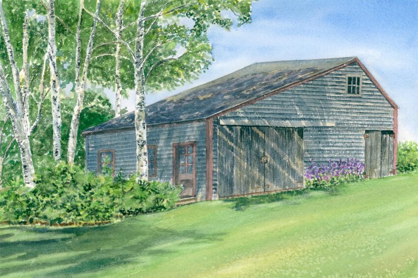 Watercolor barn painting showing white birch trees and green lawn