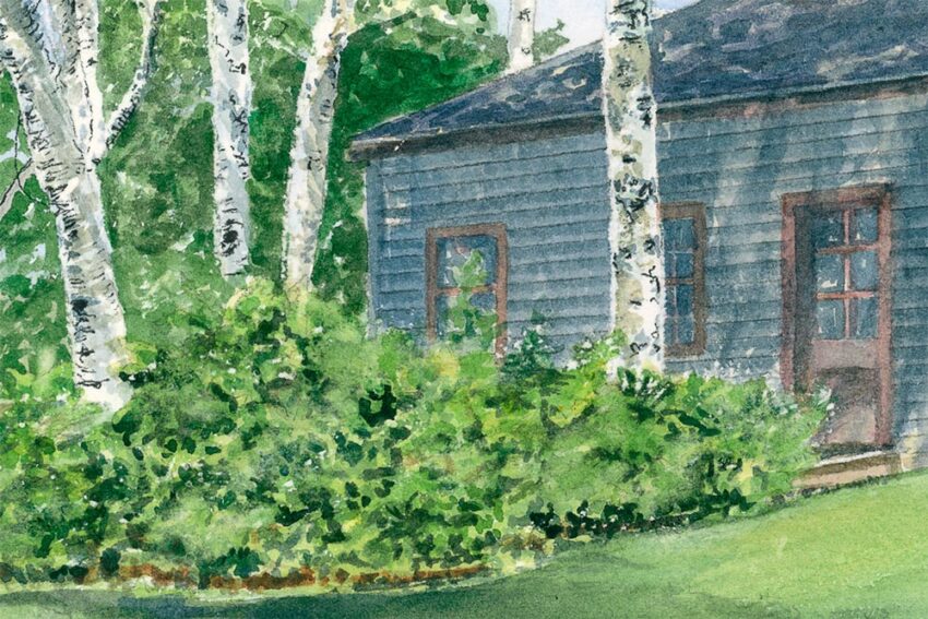 detail of watercolor barn painting showing white birch trees