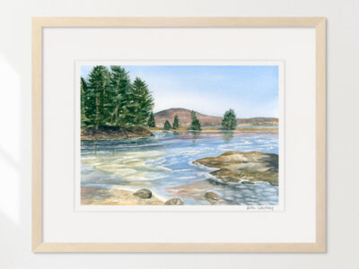 Watercolor painting of Blue Hill, Maine in winter with colorful frozen ice.