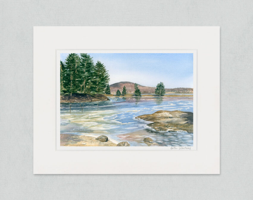 Watercolor painting of Blue Hill, Maine in winter with colorful frozen ice.