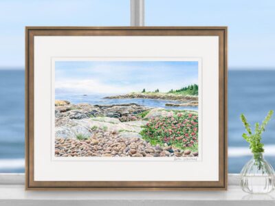 Watercolor painting of rocky shore and beach roses at Schoodic Point in Maine.