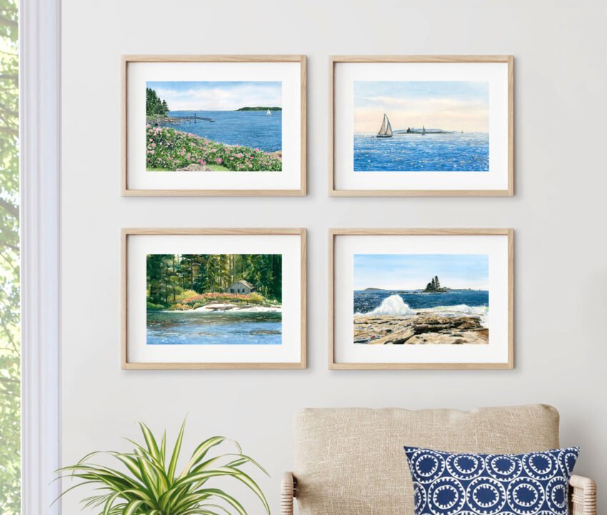 Gallery wall of Boothbay Harbor watercolor seascapes
