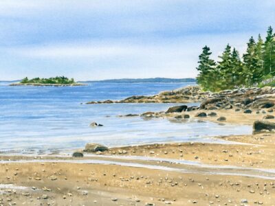 Watercolor painting of sandy beach cove and ocean