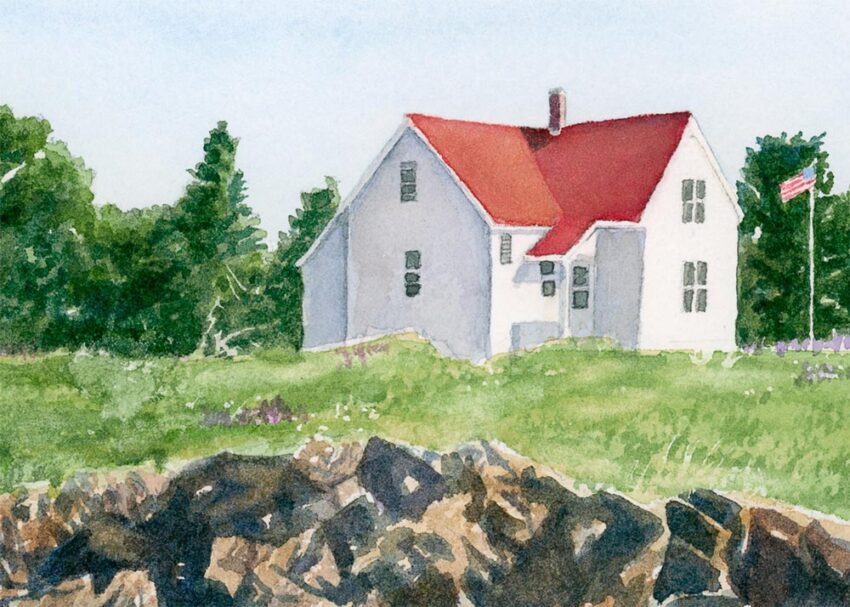 Curtis Island Light with red roof and flag on a cliff