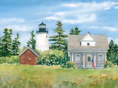 Painting of Dice Head Light with wildflower field and blue sky.