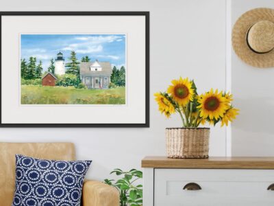 Painting of Dice Head Light in a living room with sunflowers.