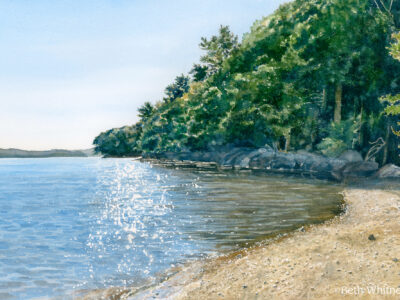 Watercolor print of sparkly ocean cove with beach, rocky shoreline, and trees