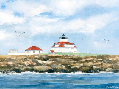Watercolor painting of Egg Rock lighthouse with crashing surf and rocks