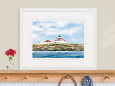 Egg Rock red and white lighthouse painting with rocks and surf