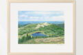 Watercolor mountaintop view of the ocean and a glacial pond in Acadia.