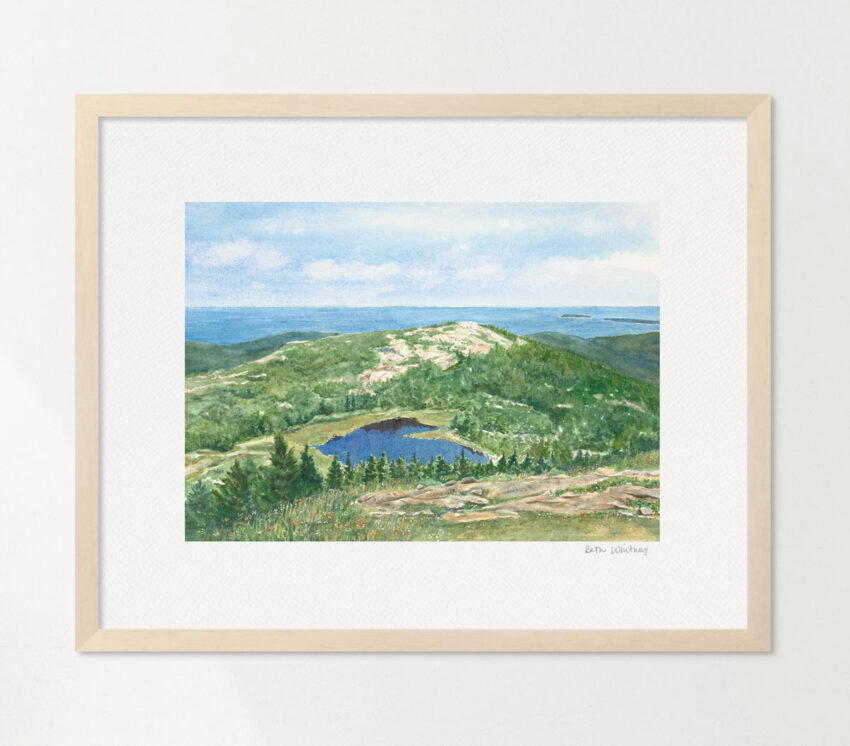 Watercolor mountaintop view of the ocean and a glacial pond in Acadia.