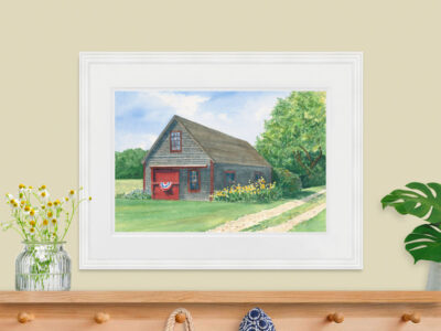 Watercolor barn painting with green grass, trees, and yellow flowers.