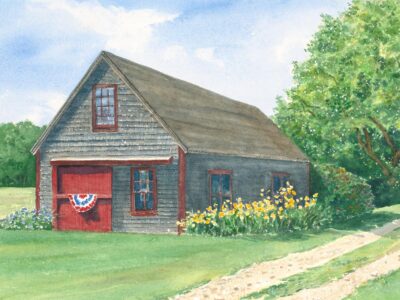Watercolor barn painting with green grass, trees, and yellow flowers.