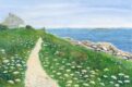 Watercolor of seaside cottage with path along the ocean, winding through grass and wildflowers