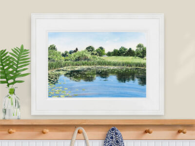 Watercolor pond painting with waterlilies, grasses, and cattails.
