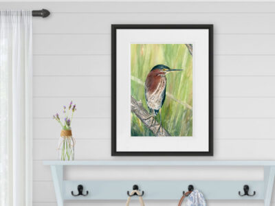 Mudroom with a watercolor of green heron bird on a log with grasses.