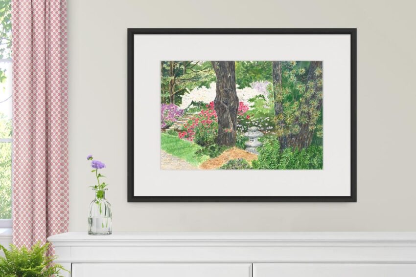 Bedroom with painting of Japanese Garden with flowering trees and a stone lantern.