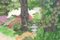 Painting of Japanese Garden with flowering trees and a stone lantern.