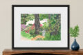 Painting of Japanese Garden with flowering trees and a stone lantern. Shown on a wood shelf.