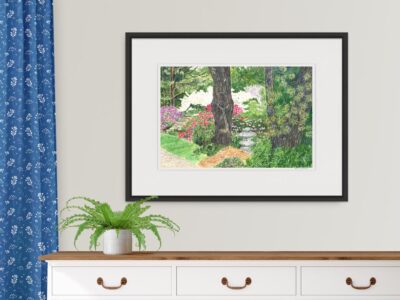Japanese-Lantern-print-12×18 Painting of Japanese Garden with flowering trees and a stone lantern.