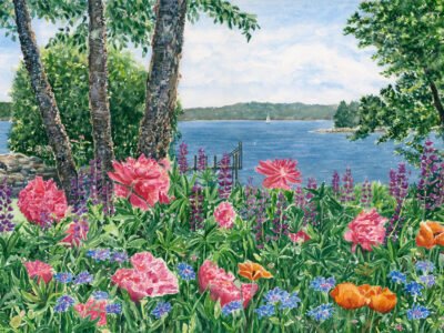 Seaside garden painting with peonies, lupine, poppies, and bachelors buttons