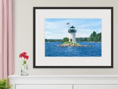 Ladies Delight lighthouse lake painting with trees and blue water.