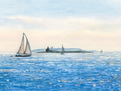 Watercolor painting of sparkly ocean water, sailboats, and distant lighthouses.