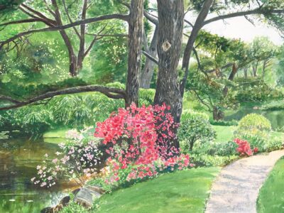 Painting of garden with lily pond and pink azaleas.