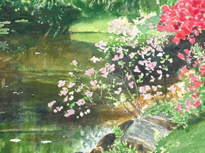 watercolor azaleas and glassy pond
