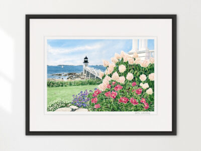 Marshall Point Lighthouse with ocean and rose garden.