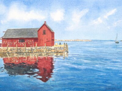 Motif No 1 red fishing shack and glassy ocean