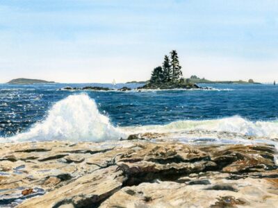 Painting of waves crashing on rocks at Ocean Point, Maine