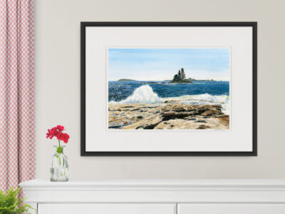 Painting of waves crashing on rocks at Ocean Point, Maine. Shown over a white dresser.