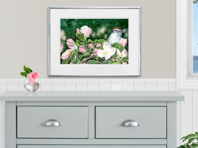 Painting of a singing sparrow with apple blossoms.