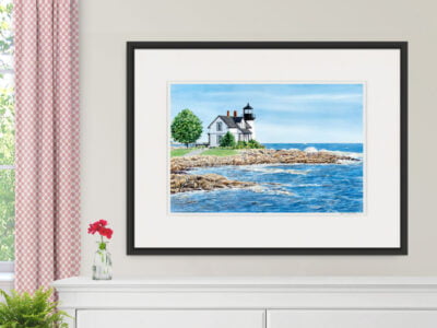 Watercolor of Prospect Harbor Lighthouse with rocky shore and crashing surf.