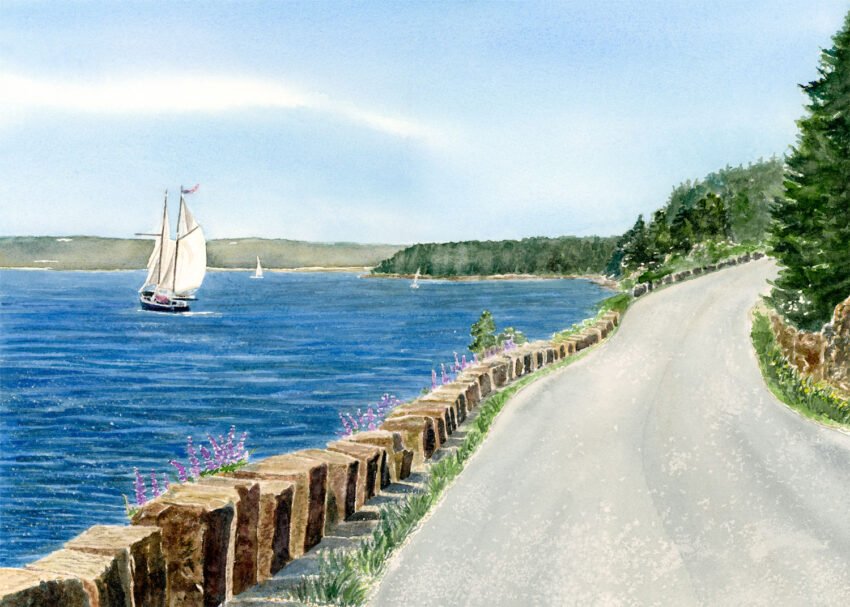 Sailing on the Sound painting showing boats on ocean beside a road lined with granite blocks
