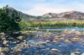 Realism painting of Mt Katahdin overlooking Sandy Stream Pond with rocks and reflections.