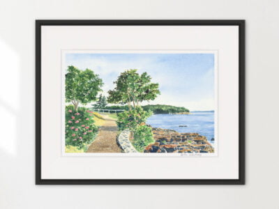 Watercolor painting print of Shore Path in Bar Harbor with roses and ocean.