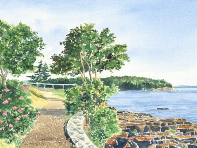 Watercolor painting print of Shore Path in Bar Harbor with roses and ocean.