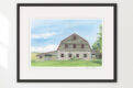 Watercolor painting of an old stone barn with a gambrel roof