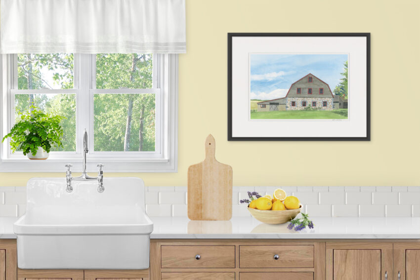 Farmhouse kitchen with a watercolor painting of an old stone barn with a gambrel roof