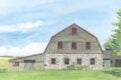 Watercolor painting of a stone barn